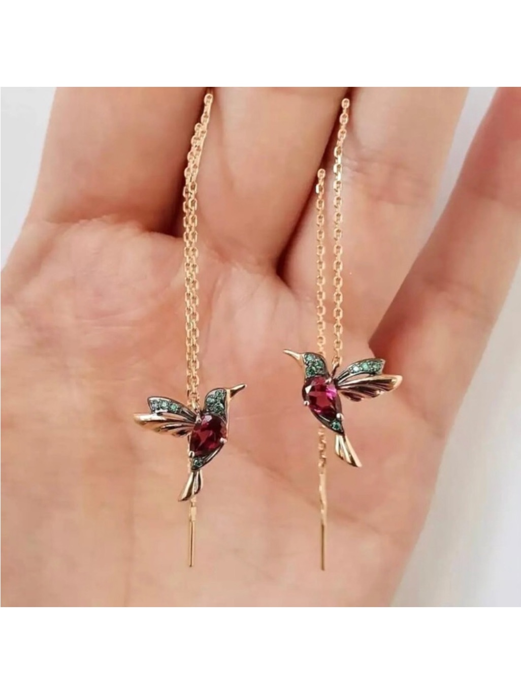 Colorful Hummingbird Jewel Dangle Threader Earring 18k Gold Plated New